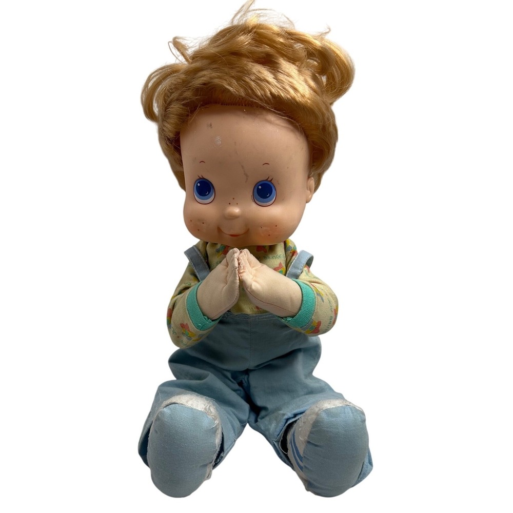 Vintage 1987 TCFC Joy Brings Us Smiles Praying Doll Blue Overalls Freckles 12"